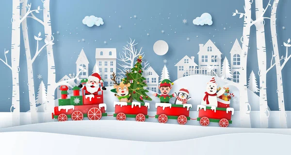 折り紙の紙の芸術スタイル サンタクロースと村の友人とクリスマスの列車 メリークリスマスとハッピーニューイヤー — ストックベクタ