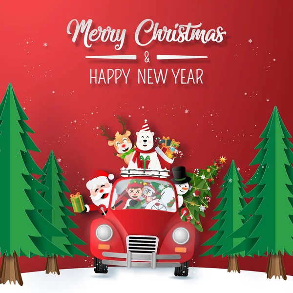 Origami Kağıt Sanatı Noel Baba ve kırmızı arabalı arkadaşı ormanda araba sürüyorlar, Mutlu Noeller ve mutlu yıllar