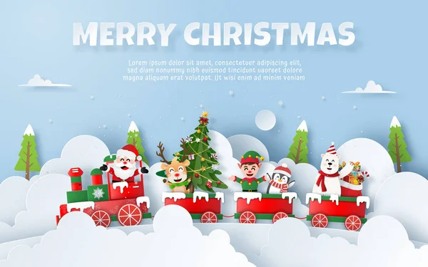 奥里加米纸艺圣诞晚会在火车上与圣诞老人 复制空间 圣诞快乐和新年快乐 — 图库矢量图片