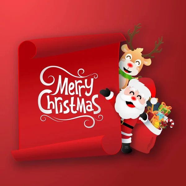 圣诞老人和驯鹿的Origami纸艺与红白纸 圣诞快乐和新年快乐 — 图库矢量图片