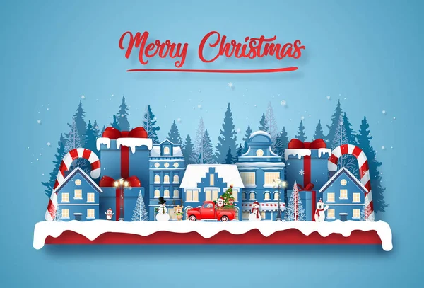 明信片圣诞列车的奥里加米纸制艺术在一个装有圣诞老人的大礼品盒上圣诞快乐和新年快乐 — 图库矢量图片