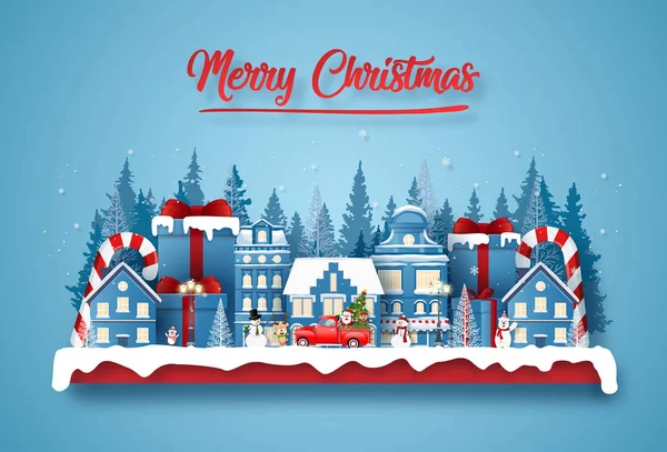 Origami Kartpostal Sanatı. Noel Baba 'yla birlikte büyük bir hediye kutusunda. Mutlu Noeller ve mutlu yıllar.