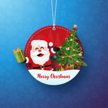 Paper art of Christmas circle tag banner and hanging rope on blue snowflake background, Merry Christmas and Happy New Year