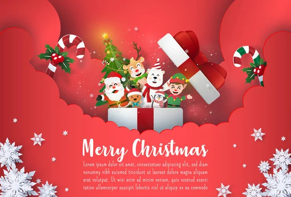 Origami Kağıt Sanatı Noel kartı afişi Noel Baba ve hediye kutusundaki sevimli çizgi film karakteri Mutlu Noeller ve mutlu yıllar