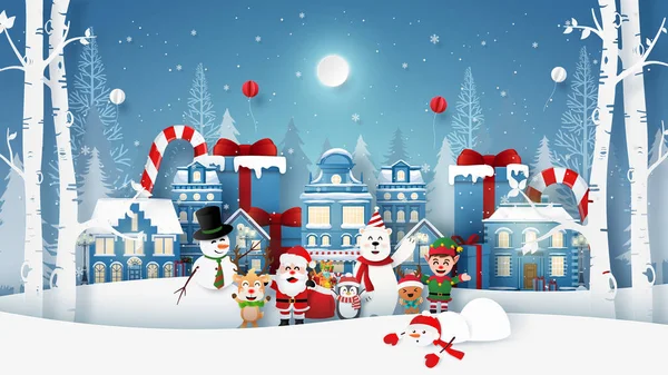 奥里加米纸业圣诞晚会景观与圣诞老人和雪城可爱的人物 圣诞快乐和新年快乐 — 图库矢量图片