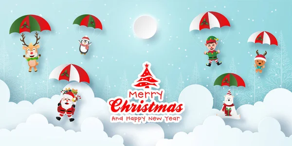 サンタクロースの折り紙アートとかわいいキャラクターは 空にパラシュートジャンプします メリークリスマスとハッピーニューイヤー — ストックベクタ