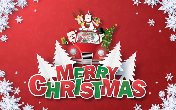 折り紙サンタクロースとクリスマスの赤い車のアートテキストメリークリスマスの赤い背景に — ストックベクタ