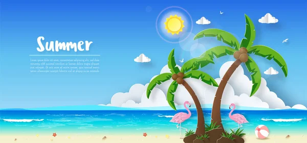 Tropické Letní Prapor Pozadí Západ Slunce Barevné Nebe Plameňák Ostrově — Stockový vektor