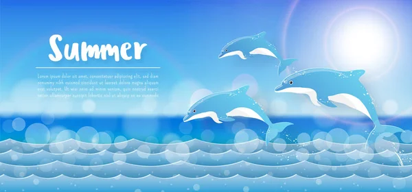 Tropical Καλοκαίρι Banner Φόντο Dolphin Άλμα Στον Ωκεανό Χαρτί Περικοπή — Διανυσματικό Αρχείο