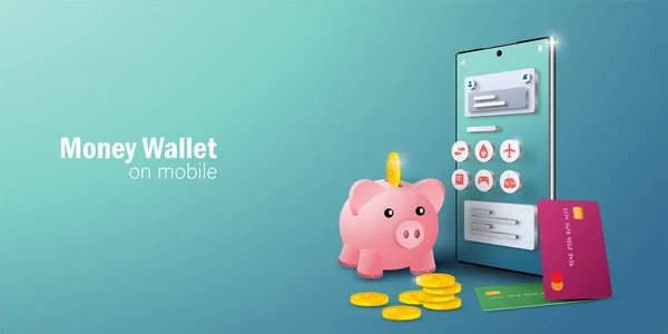 Conceito Online Dinheiro Aplicativo Carteira Eletrônica Smartphone Móvel Para Transação —  Vetores de Stock