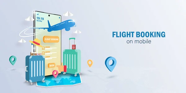 Digital Marknadsföring Koncept Online Flight Bokning Smartphone Ansökan Banner Bakgrund — Stock vektor