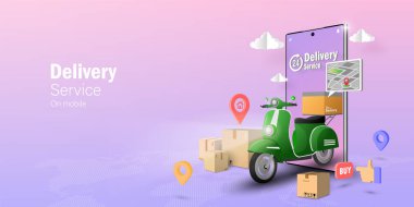 E-ticaret konsepti, mobil uygulama, transspotasyon ya da yiyecek teslimatı mobiletle