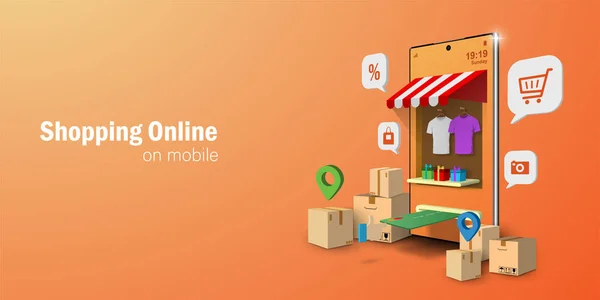 Dijital pazarlama kavramı, Mobil uygulama üzerinde Alışveriş Online, Kopya alanı olan Banner arkaplan
