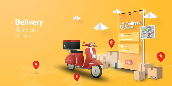 E-ticaret konsepti, mobil uygulama, transspotasyon ya da yiyecek teslimatı mobiletle