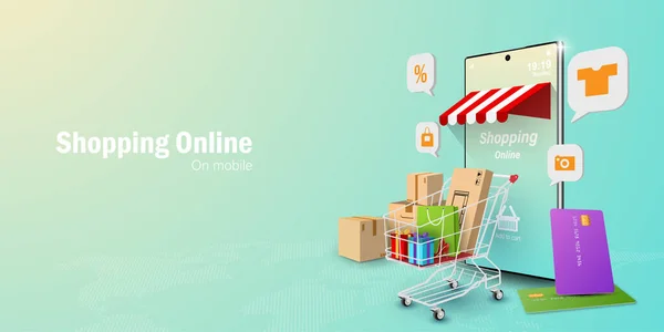 Digitális Marketing Koncepció Online Vásárlás Mobilalkalmazáson Web Banner Háttér Másolási — Stock Vector
