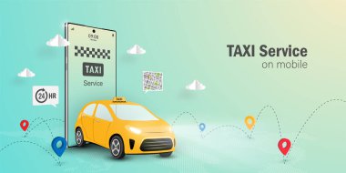 Taksi Hizmeti Çevrimiçi Konsepti, Cep telefonunda Taksi hizmeti uygulaması, Kopya Alanı olan Web pankartı