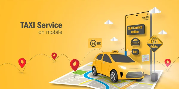 タクシーサービスオンラインコンセプト モバイルでのタクシーサービスアプリケーション コピースペース付きWebバナー — ストックベクタ