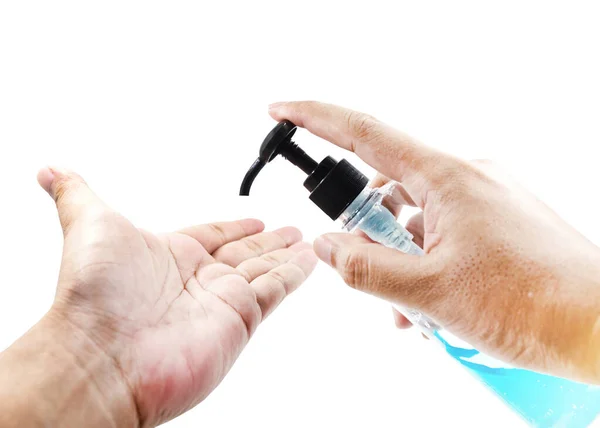 Hands Using Wash Hand Sanitizer Gel Pump Dispenser White Background — Stock Photo, Image