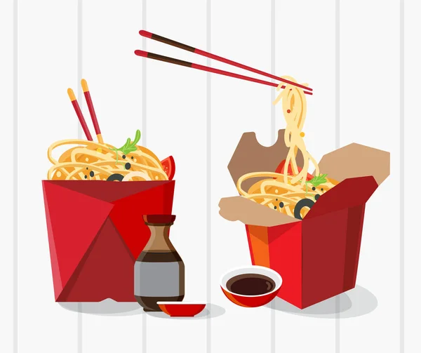 Chińskie Jedzenie Zabrać Pudełko Zabierz Makaron Pudełko Wektor Ilustracji — Wektor stockowy