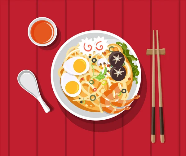 Sopa Tradicional China Con Fideos Sopa Fideos Tazón Chino — Vector de stock