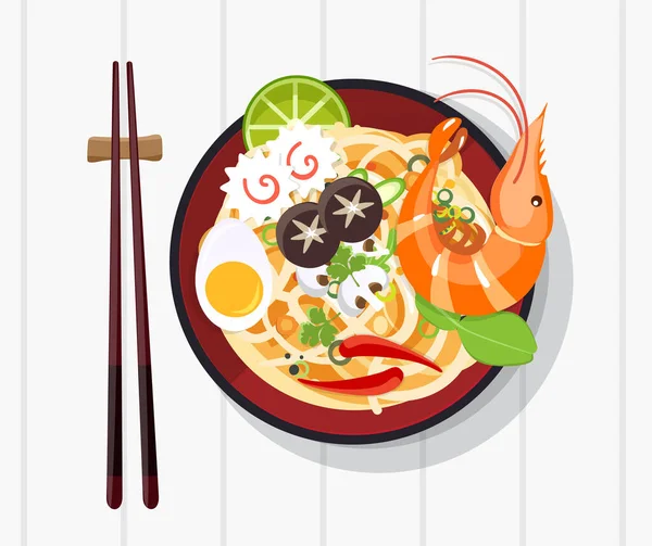 中国传统汤面配面 中国碗中的面条汤亚洲食物病媒图解 — 图库矢量图片