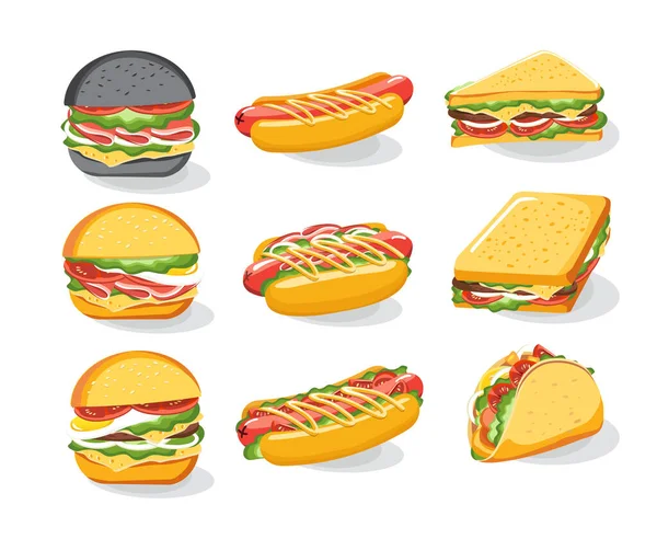 Juego Iconos Pan Sándwich Hamburguesa Menú Comida Rápida Hamburguesa Hamburguesa — Archivo Imágenes Vectoriales