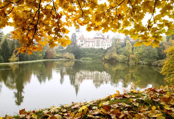 Sisli sonbahar manzara. Gölette yansımalı kale ve turuncu düşmüş yaprakları. Pruhonice, Prag yakınlarındaki kale, Çek Cumhuriyeti.