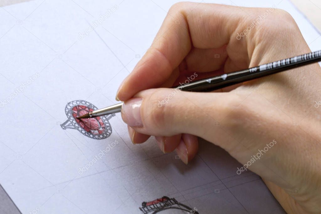 Drawing Jewelry Design. Artist designer drawing sketch jewelry on paper . Design Studio. Creativity Ideas.