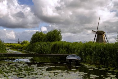  Kinderdijk 'te yel değirmenleriyle manzara. 19 yel değirmeni olan bir dinlenme alanı. Hollanda 'da seyahat edin. Seyahat, gezi ve turizm.. 