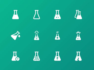 Farmakoloji şişesi simgeler yeşil zemin üzerine.