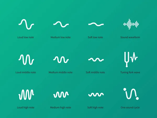 Grabación de ondas e iconos de sonido sobre fondo verde . — Archivo Imágenes Vectoriales