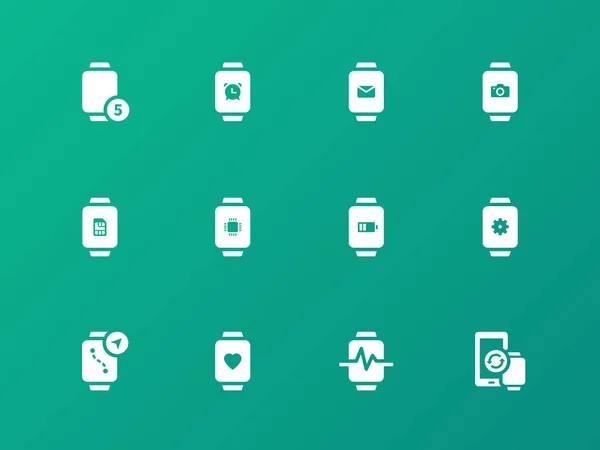 Innovationsuhr mit Mail, Kamera und Benachrichtigungssymbolen auf grünem Hintergrund. — Stockvektor