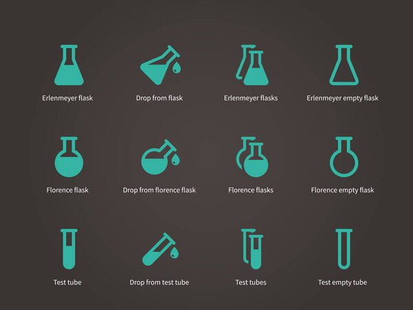 Erlenmeyer and florence flasks icons set.