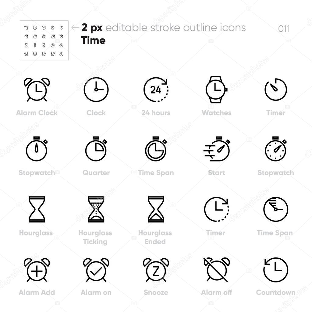 Set of Time and Clock Line Unified Icons. Includes Alarm, Timer, Stopwatch, Hourglass and other. Editable Stroke.