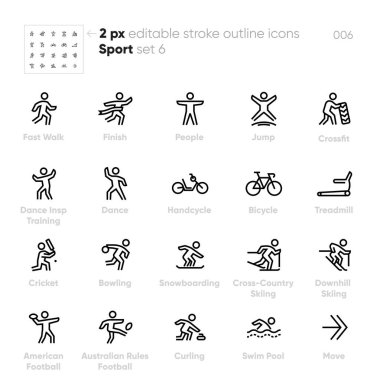 Sport outline vector icons. Crossfit, Handcycle, Bicycle, Bowling, Cross-Country Skiing, Swim Pool and others. Editable stroke. vector