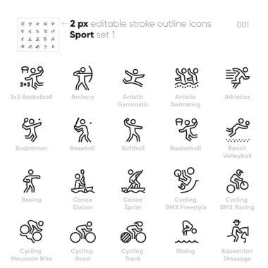 Spor ve Oyunlar vektör simgelerini belirler. Basketbol, Artistik Jimnastik, Yüzme, Beyzbol, Plaj Voleybolu, Boks, Kano Slalom, Bisiklet Bmx Yarışı, Dağ Bisikleti, Binicilik