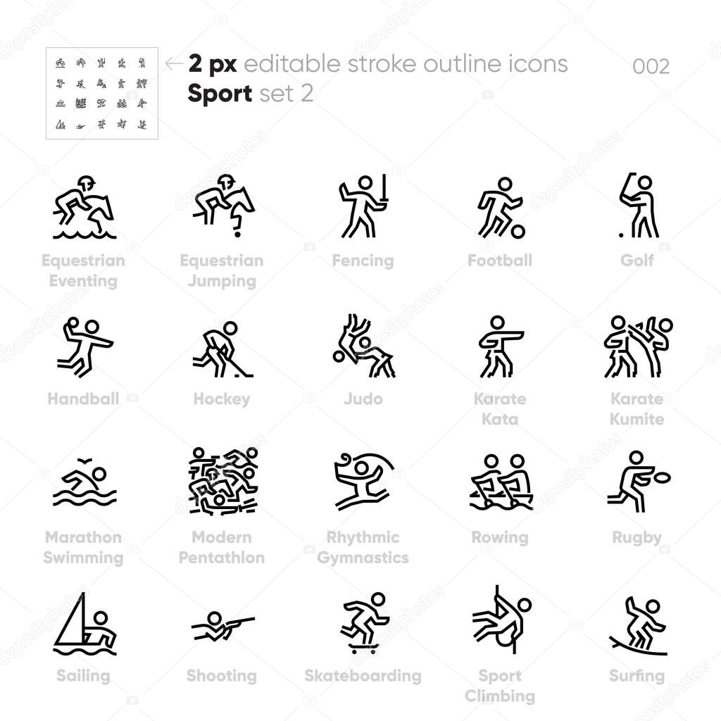 Sport and Fitness outline vector icons. Equestrian Eventing, Fencing, Golf, Hockey, Karate, Rugby, Surfing, Skateboarding.
