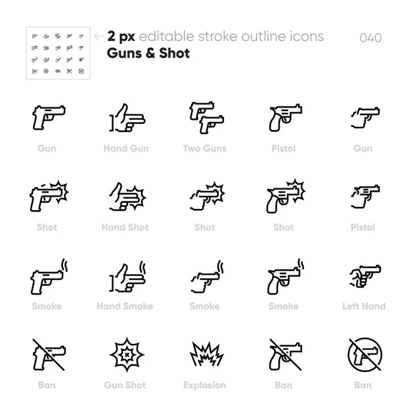 Gun, Shot outline vector icons set. Hand, Pistol, Smoke, Ban. Editable stroke — Stock Vector