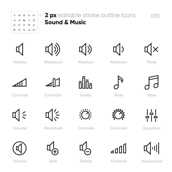 Volume Controls outline vector icons. Equaliser, Note, Levels, Mute. Editable stroke. — Stock Vector