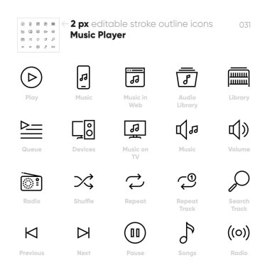 Music Player ana hatları vektör simgeleri. Hoparlör, Ses Kütüphanesi, Radyo, Karıştır
