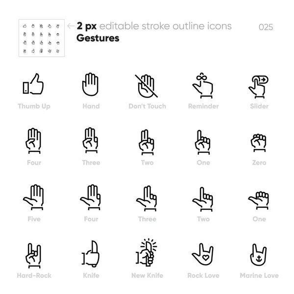 Hand Gesture outline vector icons. Touch, Reminder, Slider, Four, Three, Two, One Fingers — Stock Vector