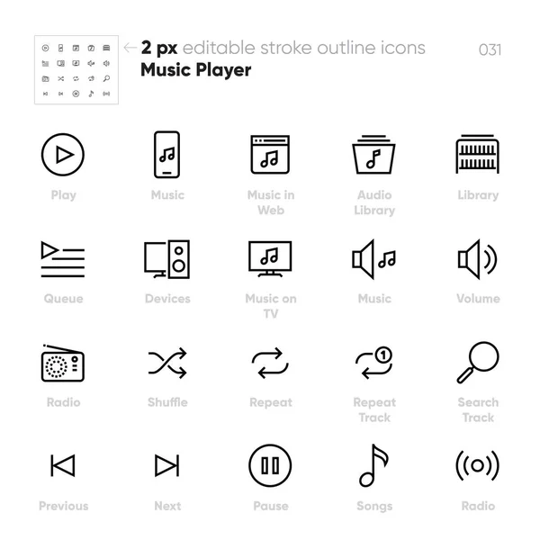 Music Player outline vector icons. Speaker, Audio Library, Radio, Shuffle — Stock Vector