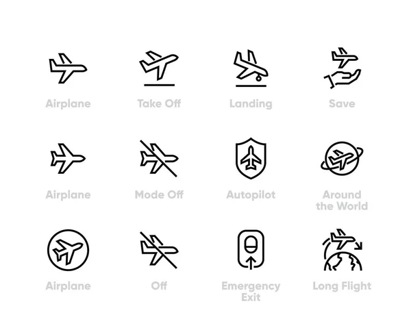 Plane Flight vector icons. Airplane, Aircraft, Landing, Autopilot, Long Flight. Editable line — Stock Vector