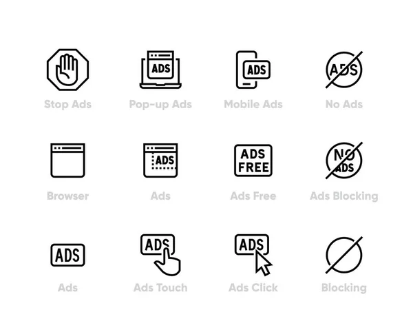 Anúncios Bloqueio, Proibição de anúncios, Remover Anúncio ícones vetor logotipo. Conjunto de linhas editáveis —  Vetores de Stock