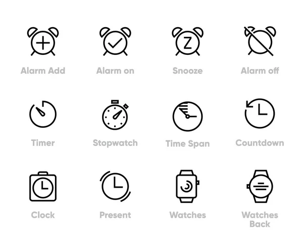 Set de Alarma, Tiempo, Reloj, Temporizador, Iconos de Línea Delgada Editable . — Vector de stock