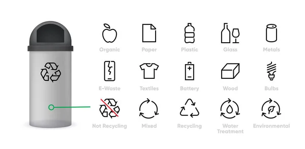 Icône de recyclage. Types de déchets Ensemble de symboles vectoriels. Tri Pictogrammes isolés — Image vectorielle