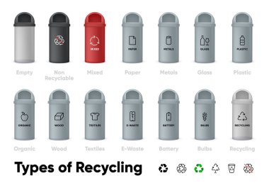 Geri dönüşüm vektör simgelerinin türleri ayarlandı. Atık Ayıklama, Çöp Ayıklama Büyük Koleksiyon Organik, Kağıt, Plastik, Cam, Metaller, Ahşap, Ampul, E-Atık, Tekstil, Batarya ve Geri Dönüşüm Değil