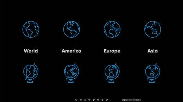 Dark Theme Terre Différents côtés ensemble. Monde, Amérique, Europe, Afrique et Asie avec des icônes de globe vectoriel Australie. Mince Illustration de ligne modifiable sur fond sombre . — Image vectorielle