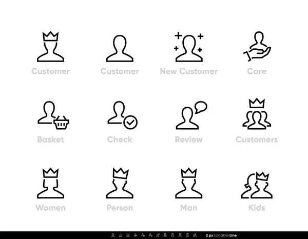 Iconos del cliente, nuevo comprador con pictograma de vectores Crown. Usuario y cuenta. Línea editable establecida sobre fondo blanco . — Vector de stock