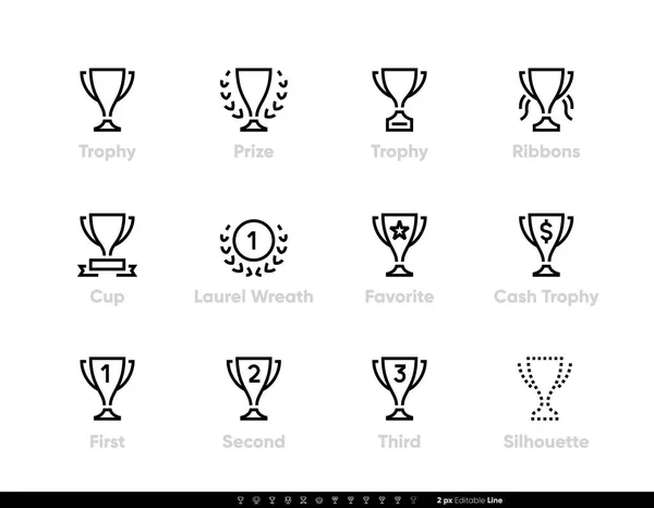 Trofeo Copa iconos vector conjunto. Premios con cintas. Línea editable fijada en blanco — Archivo Imágenes Vectoriales